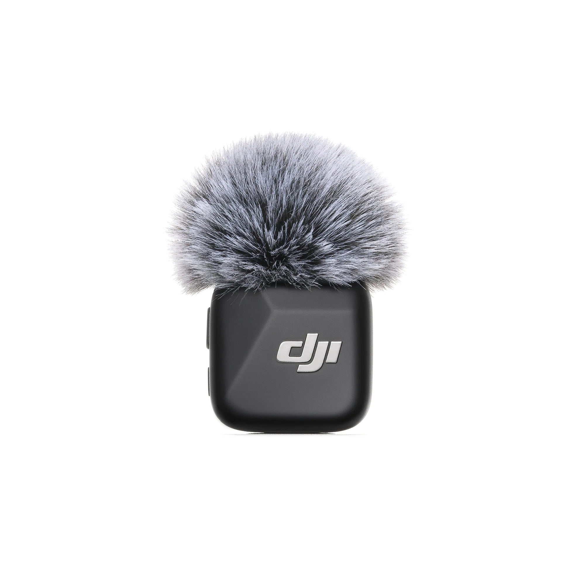 The DJI Mic Mini Transmitter in black on a white background. Product has a silver DJI logo on it. 