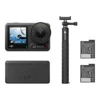 The DJI Osmo Action 4 Camera Adventure Combo, product is in black on a white background showing its Dual Full-Color Touchscreen. Image shows what the combo includes: Osmo Action Multifunctional Battery Case, Osmo Action Extreme Battery, Osmo 1.5m Extension Rod.