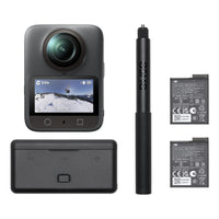 The DJI Osmo 360 Adventure Combo Action Camera, product is in black on a white background. Image shows what the combo includes: Osmo 1.2m Invisible Selfie Stick, Osmo Action Multifunctional Battery Case 2, and Osmo Action Extreme Battery Plus (1950 mAh).