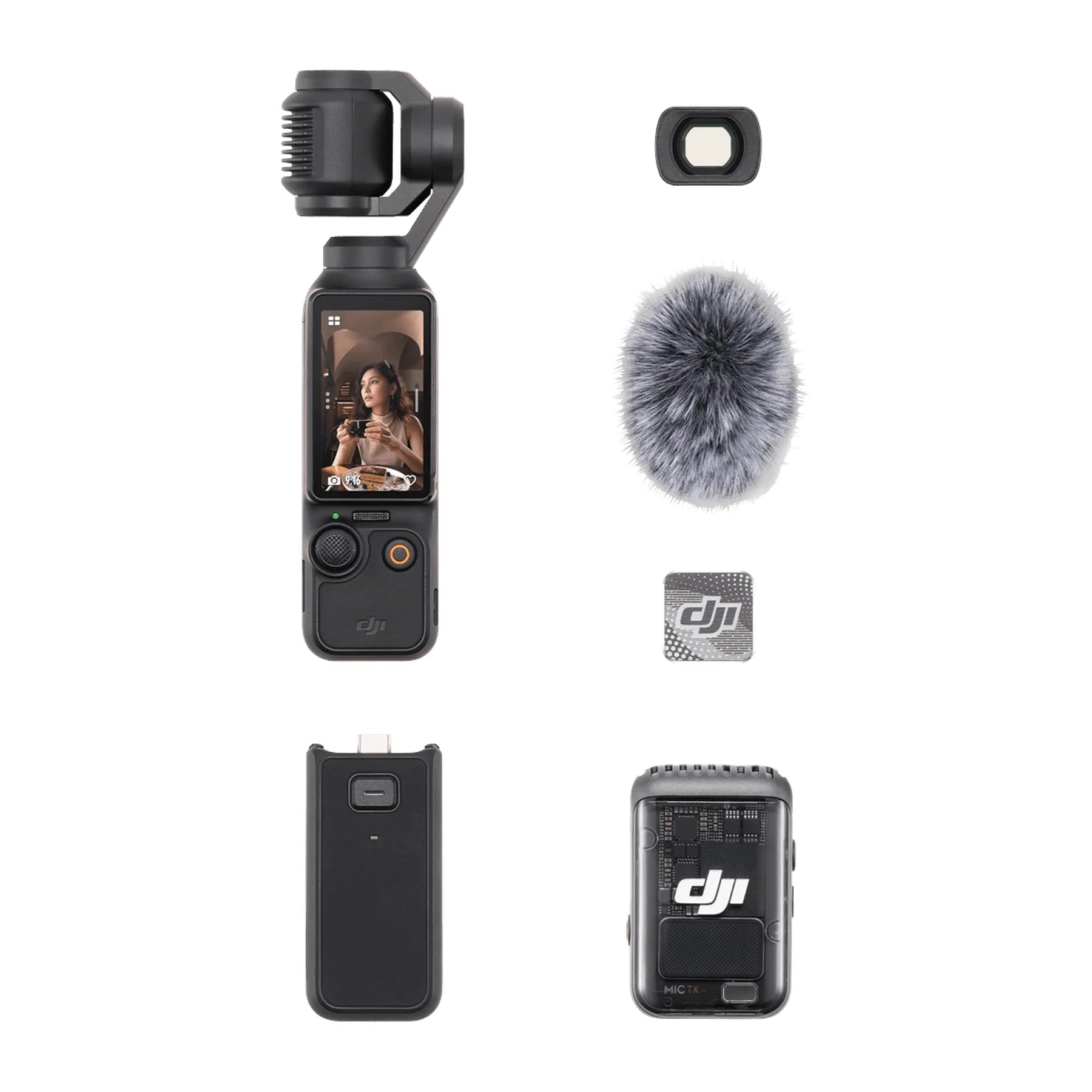 The DJI Osmo Pocket 3 Handheld Camera Creator Combo, product is in black on a white background, showing the 2-inch rotatable touchscreen. Image shows what the combo includes: Osmo Pocket 3 Battery Handle, Osmo Pocket 3 Wide-Angle Lens, DJI Mic 2 Windscreen, DJI Mic 2 Clip Magnet, and DJI Mic 2 Transmitter (Shadow Black).